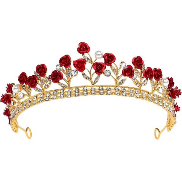 Red Rose Bridal Tiara Bride Headdress Alloy Rhinestone Wedding Crown for Prom,